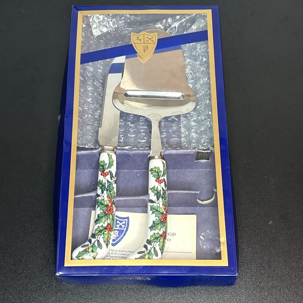 House of Prill Sheffield 2 Piece Cheese Set Knife Slicer England Christmas Holly